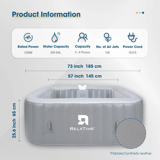 4-6 Person Inflatable Hot Tub Square Portable Pool Outdoor Spa with 130 Massage Jets