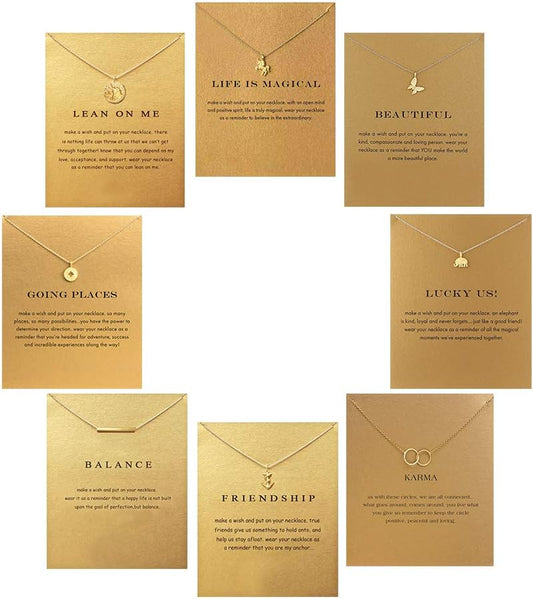 8Pack Friendship Unicorn Necklace Set Good Luck Elephant Pendant Chain Necklace with Message Card Party Favors Birthday Gifts for Women (Gold)