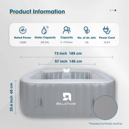 4-6 Person Inflatable Hot Tub Square Portable Pool Outdoor Spa with 130 Massage Jets