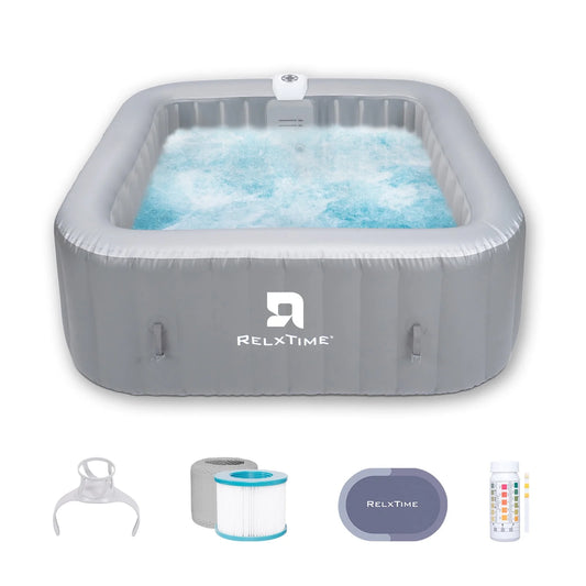 4-6 Person Inflatable Hot Tub Square Portable Pool Outdoor Spa with 130 Massage Jets